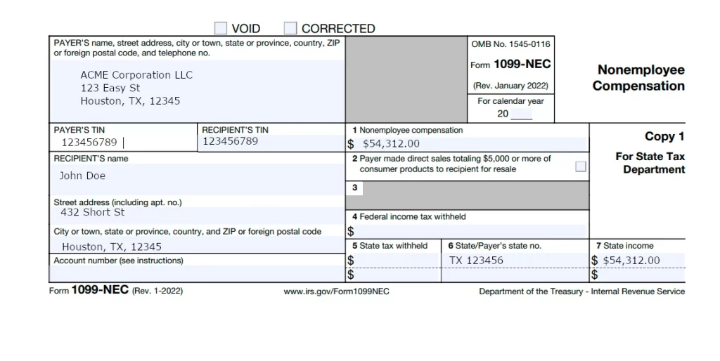 A sample 1099-NEC form is displayed, consisting of various fields and sections. The top of the form includes the title '1099-NEC' along with the tax year it pertains to. Below that, there is a section for the payer's information, including their name, address, and identification number. Next is the recipient's information section, containing their name, address, and identification number. Further down, there is a table with columns for various payment details, such as date, description, and amount. At the bottom, there are spaces for the payer's signature, date, and contact information. The form is designed for reporting nonemployee compensation to the Internal Revenue Service (IRS) for independent contractors or self-employed individuals.