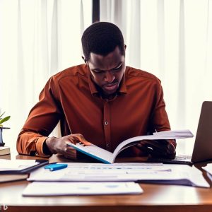 A person sitting at a desk, reading a book or document about the common types of business fraud. The person looks focused and determined to understand and prevent fraud in their business.