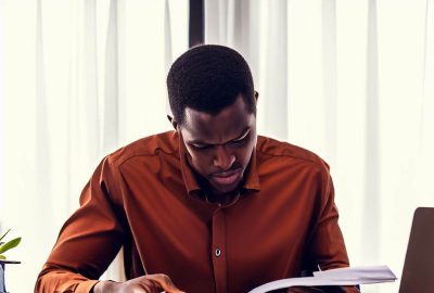 A person sitting at a desk, reading a book or document about the common types of business fraud. The person looks focused and determined to understand and prevent fraud in their business.