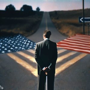 A photorealistic picture, taken on a film Canon camera 30mm, of a man in a suit standing at a fork in the road. In the background, there is an American flag.