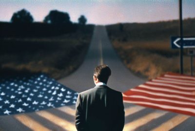 A photorealistic picture, taken on a film Canon camera 30mm, of a man in a suit standing at a fork in the road. In the background, there is an American flag.